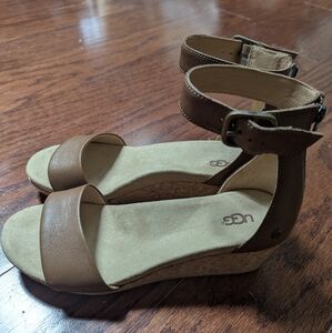 UGG Brown Wedge Sandals with Ankle Strap-Size 9. NWT and Box